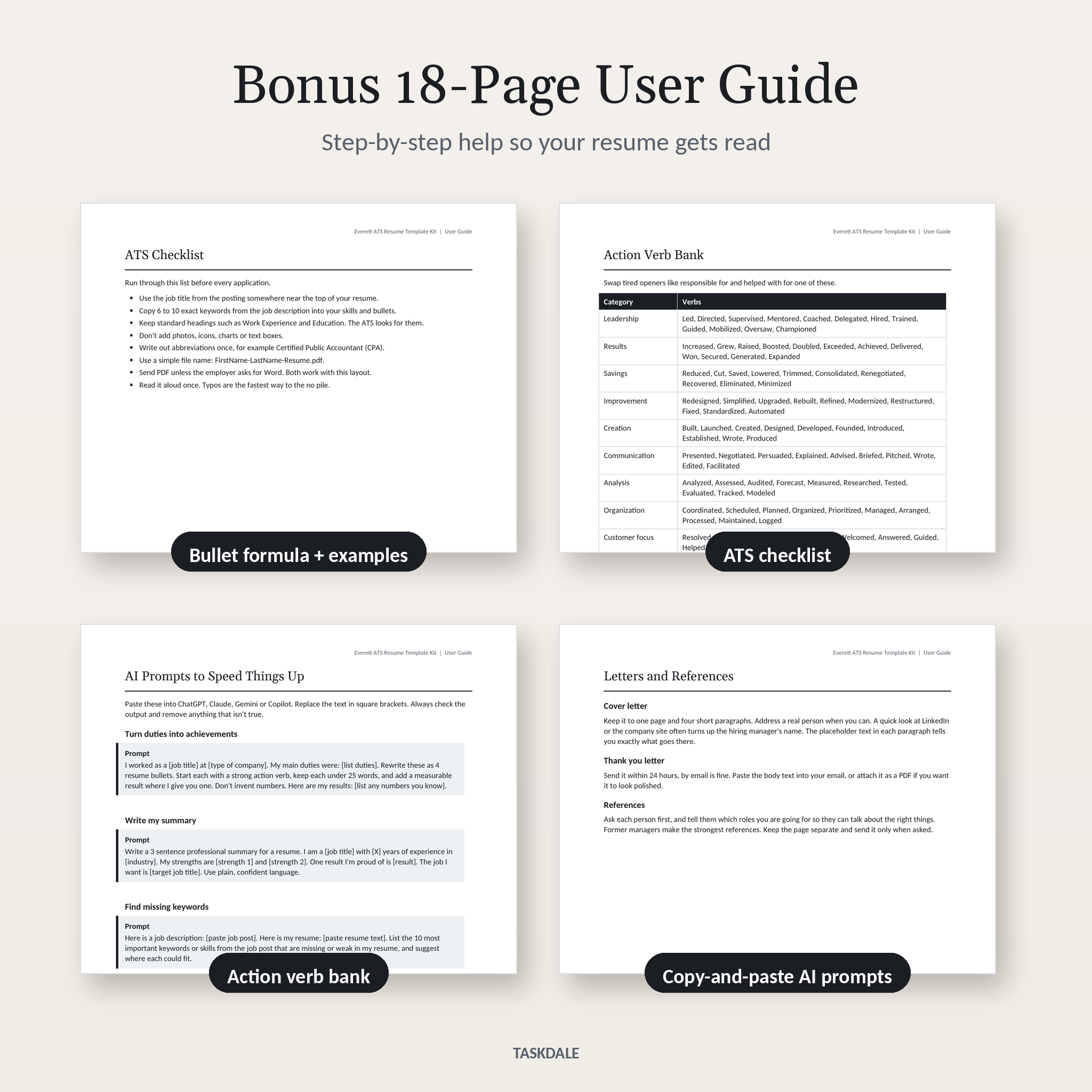 Bonus user guide pages: bullet formula, ATS checklist, action verbs and AI prompts