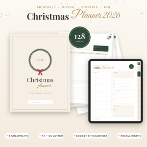 Christmas Planner 2026 printable and digital, cover, tablet and 128 pages