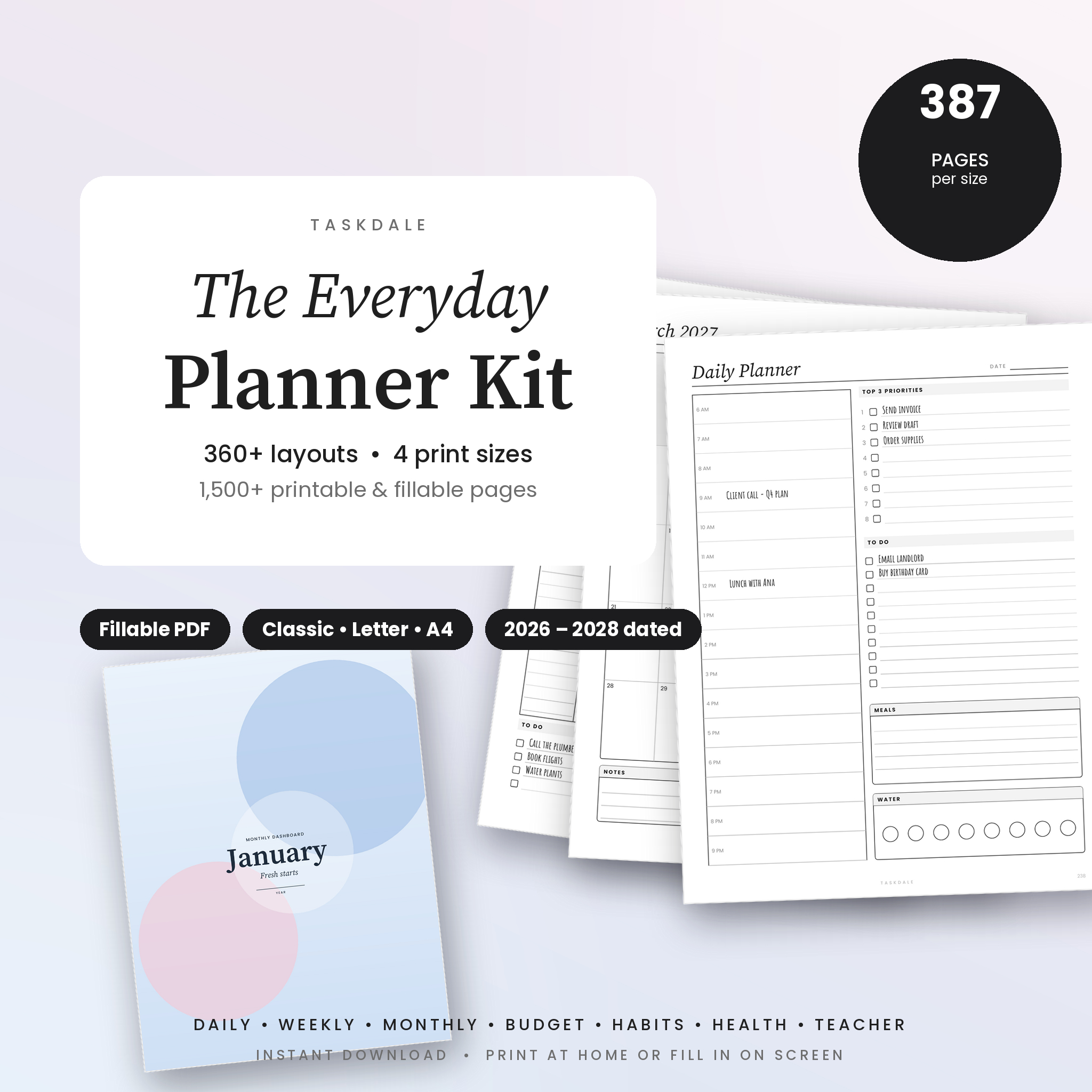 The Everyday Planner Kit | 387 Printable & Fillable Planner Pages, Classic 7x9.25 Disc Planner Inserts, Letter & A4 PDF, 2026-2028 Dated Calendars