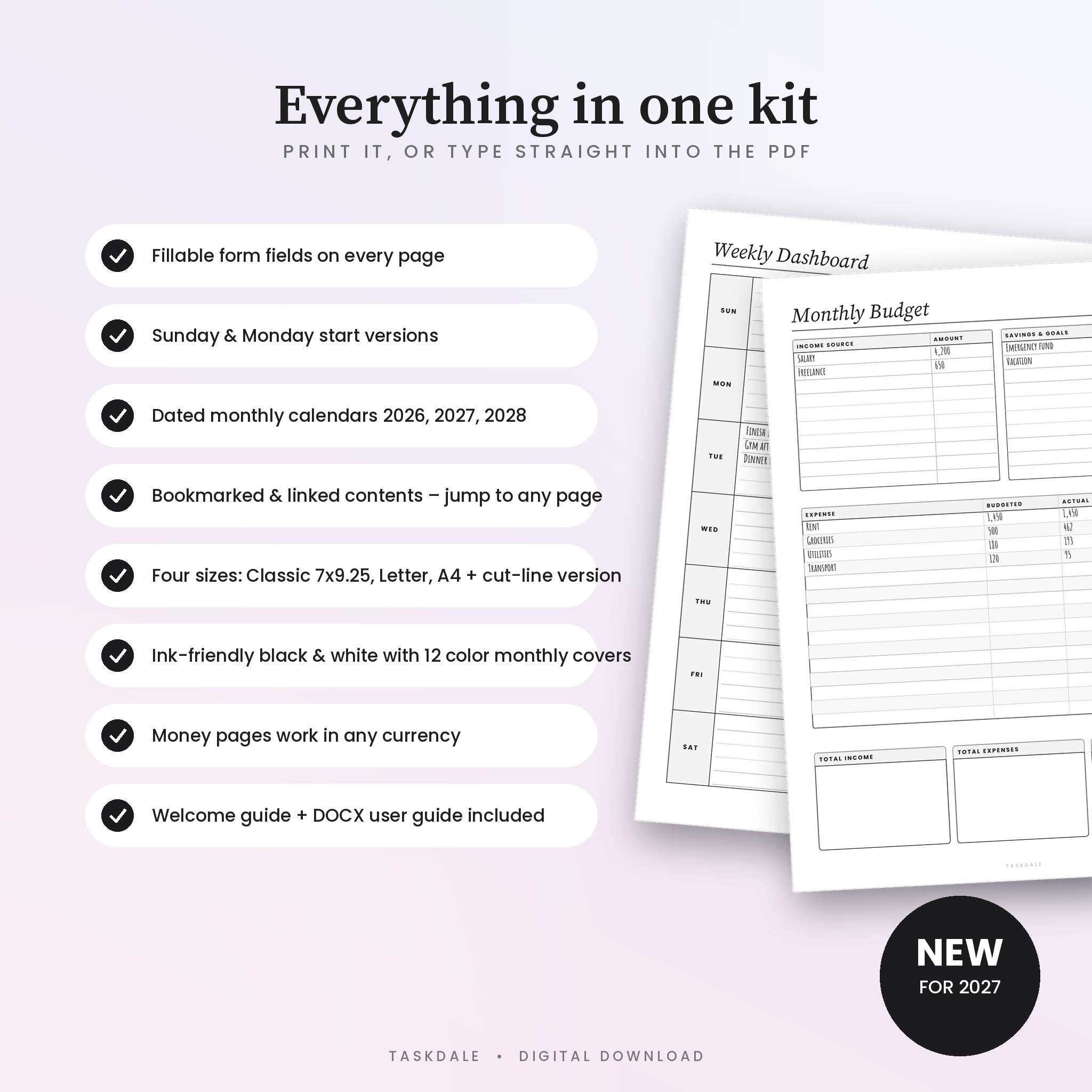 The Everyday Planner Kit | 387 Printable & Fillable Planner Pages, Classic 7x9.25 Disc Planner Inserts, Letter & A4 PDF, 2026-2028 Dated Calendars - Image 2