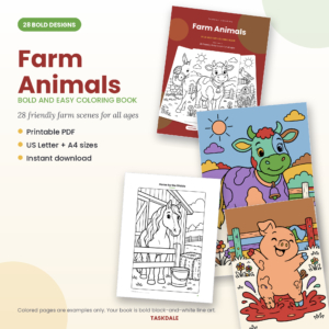 Farm Animals printable coloring book with 28 bold and easy designs