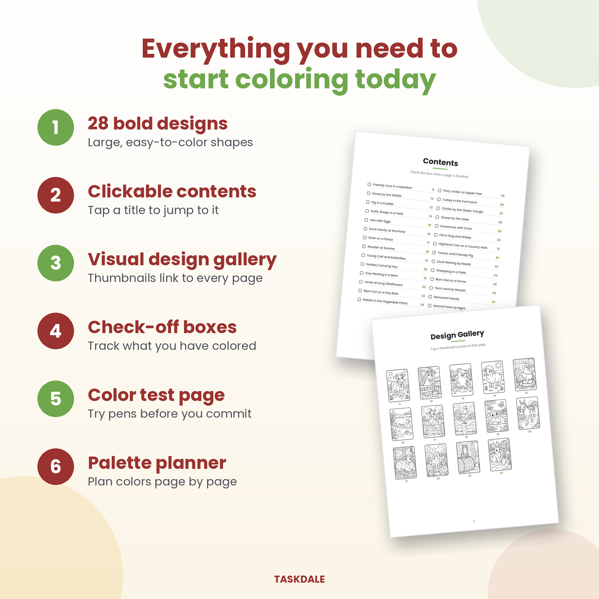 Farm Animals coloring book features: clickable contents, gallery, color test page and palette planner