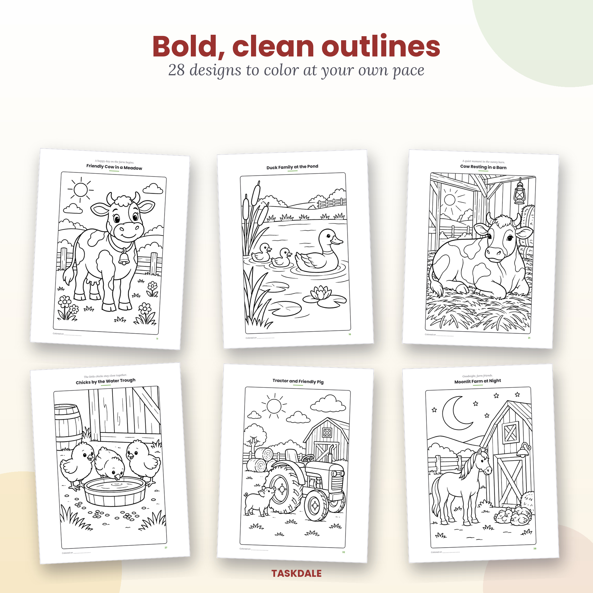 Six sample farm animal coloring pages with bold outlines from the Farm Animals coloring book