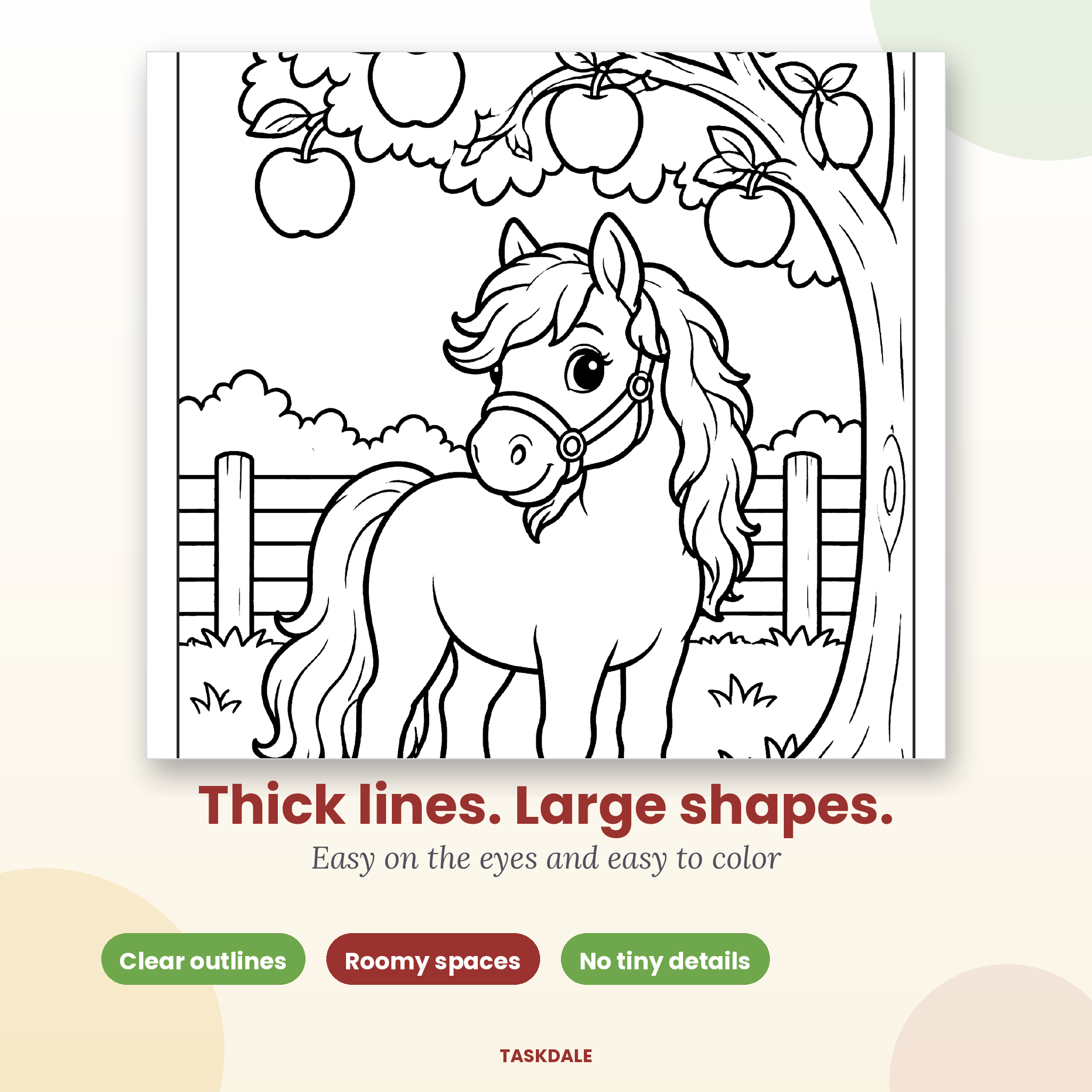 Close-up of thick bold outlines on a Farm Animals coloring page