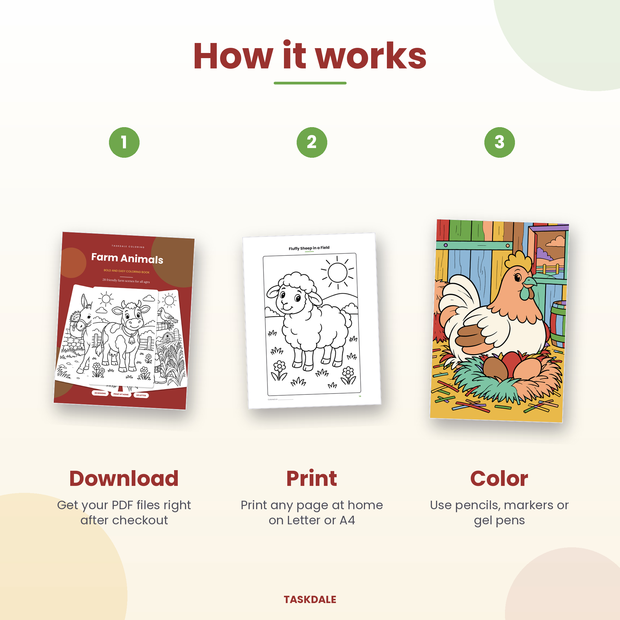 How it works: download, print and color the Farm Animals coloring book