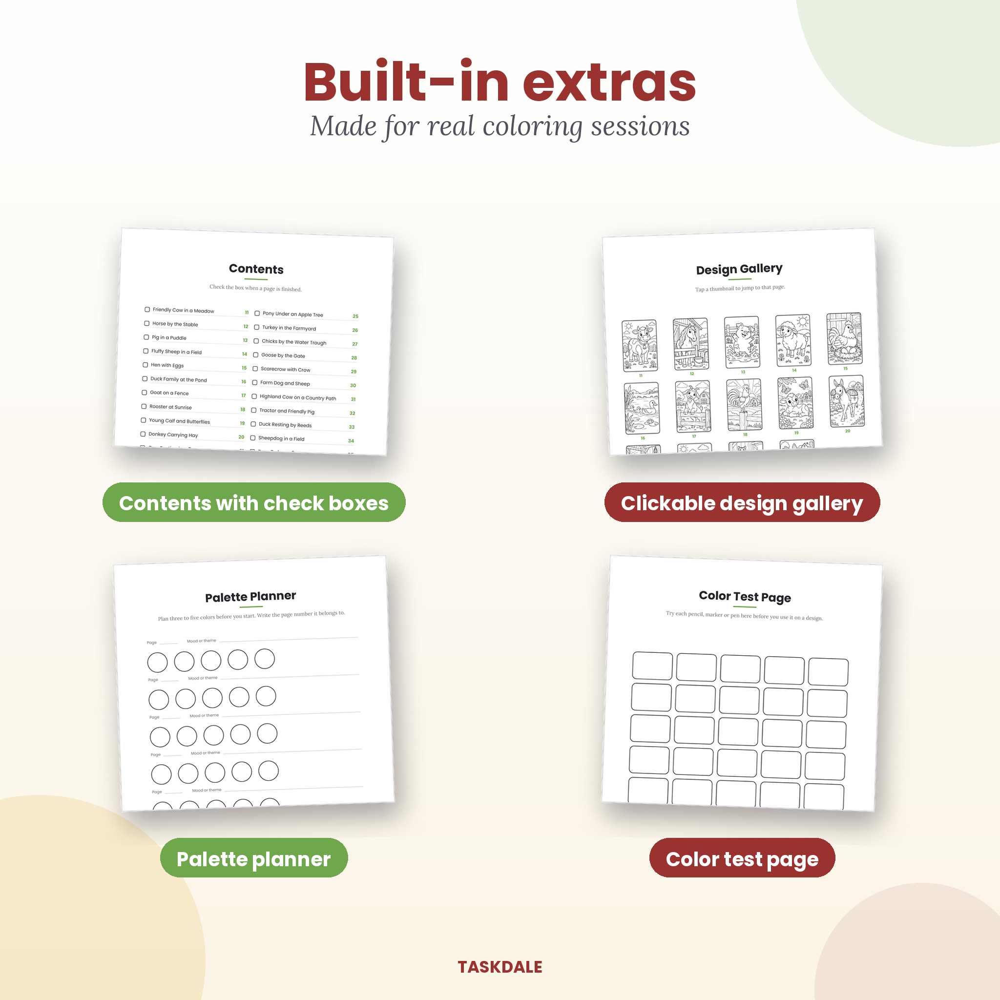 Built-in extras: contents check boxes, design gallery, palette planner and color test page