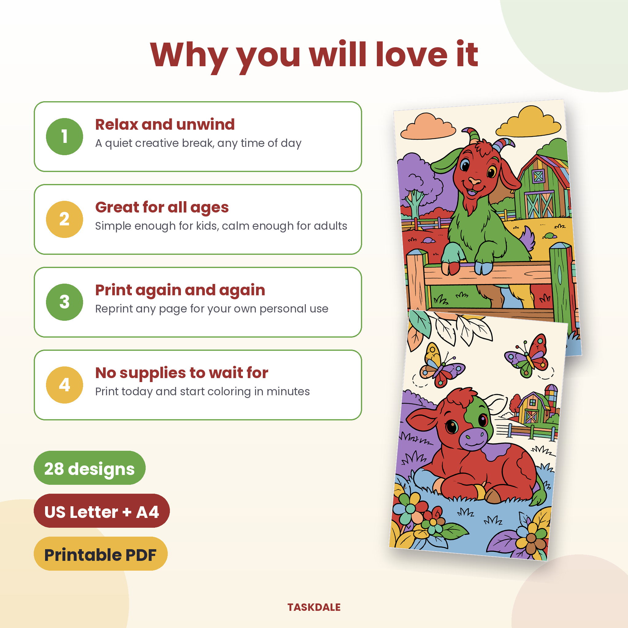 Benefits of the Farm Animals coloring book with colored page examples