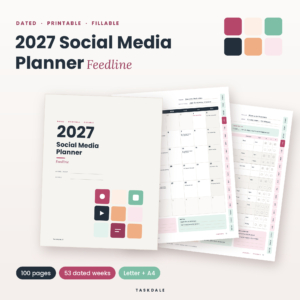 Feedline 2027 social media planner: cover, dated January 2027 calendar and a weekly content page