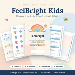 FeelBright Kids coping skills toolkit printable and fillable kids therapy worksheets hero
