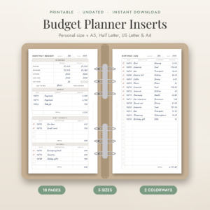 Fern and Penny printable budget planner inserts open in a personal size ring binder showing monthly budget and expense log