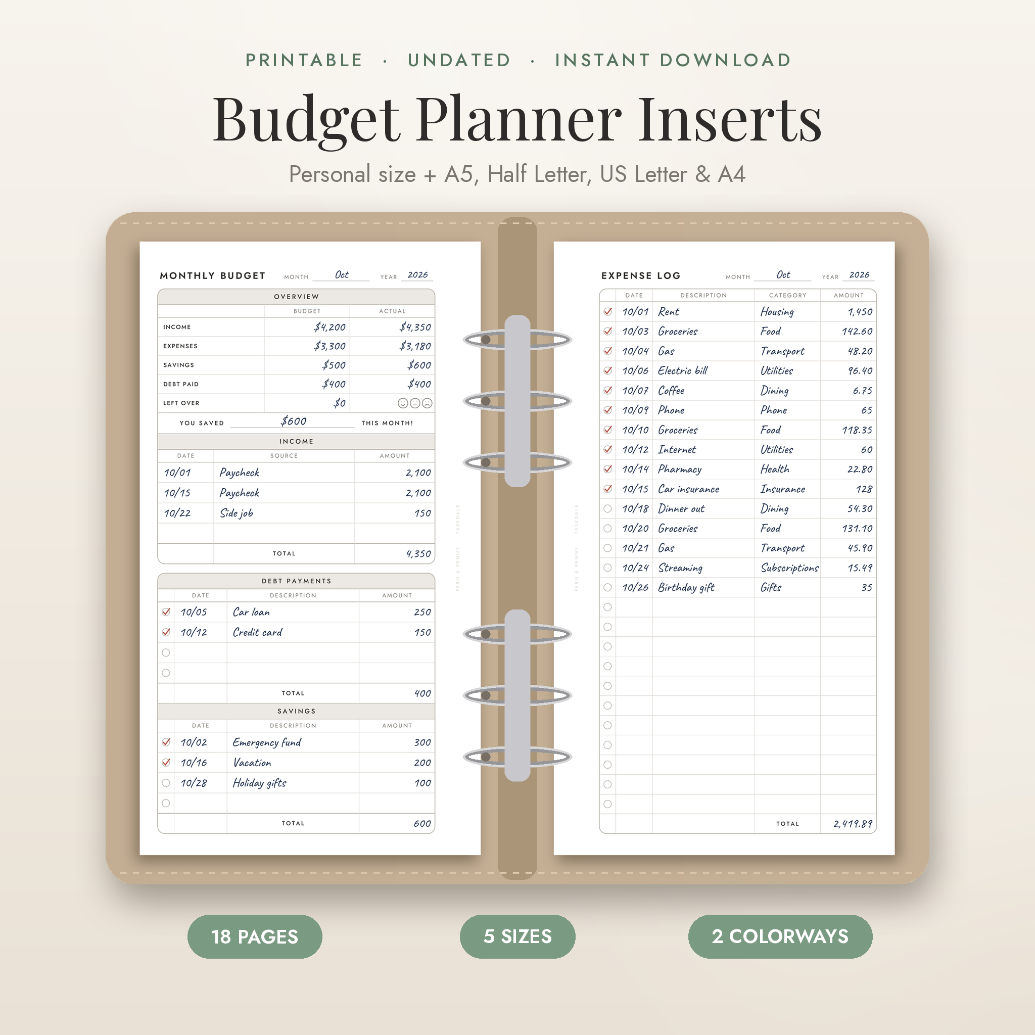 Fern and Penny printable budget planner inserts open in a personal size ring binder showing monthly budget and expense log