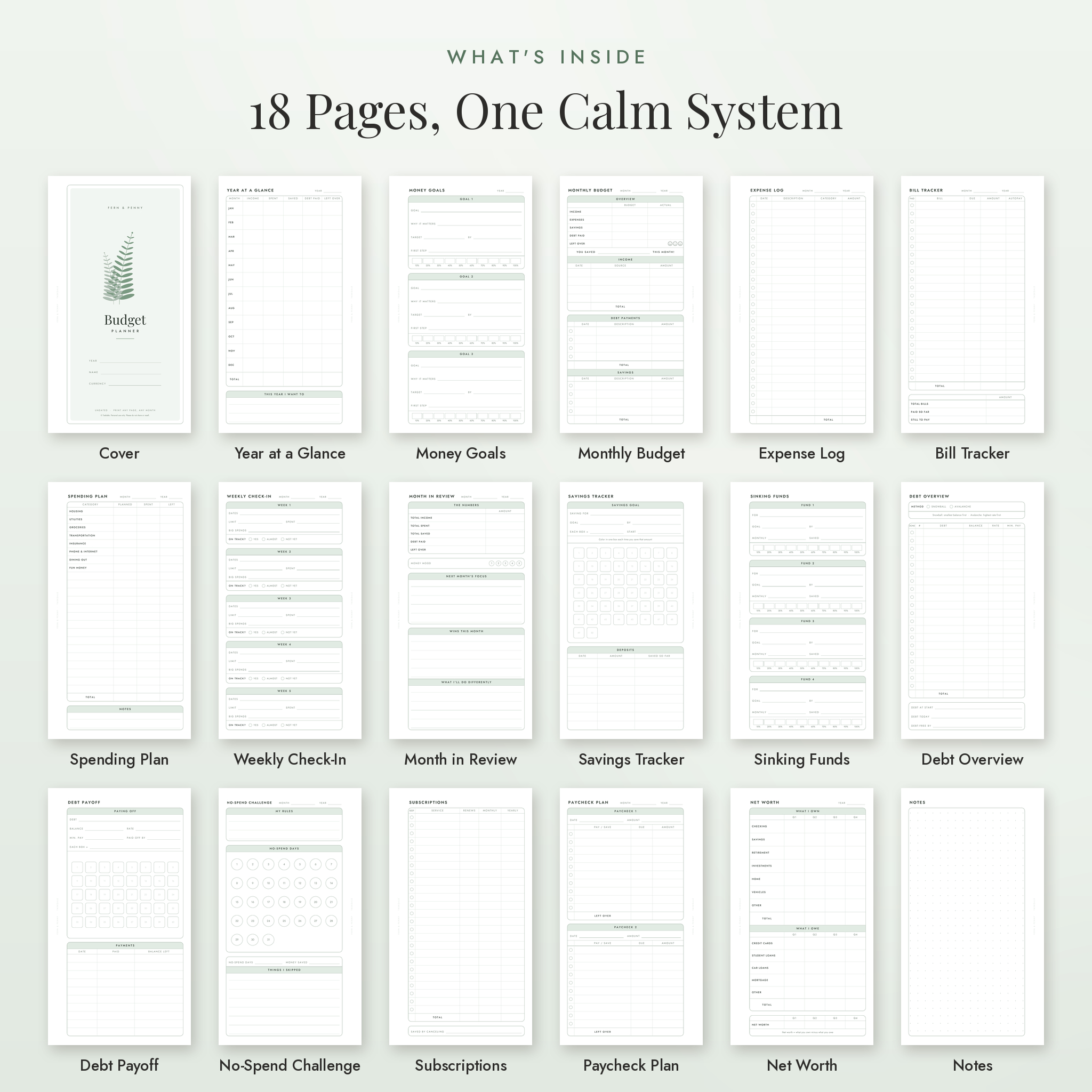 All 18 pages included in the Fern and Penny budget planner printable