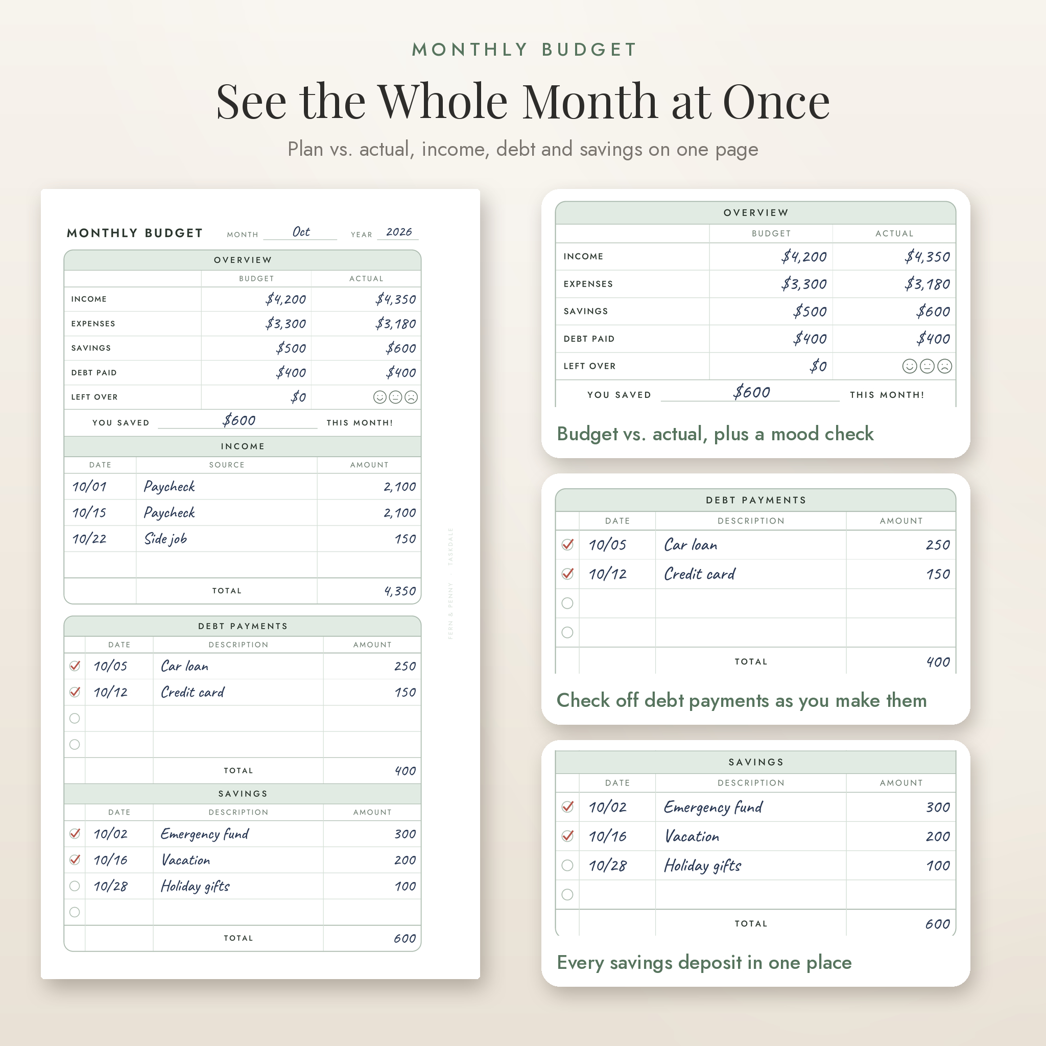 Monthly budget page close up with budget vs actual, debt payments and savings sections