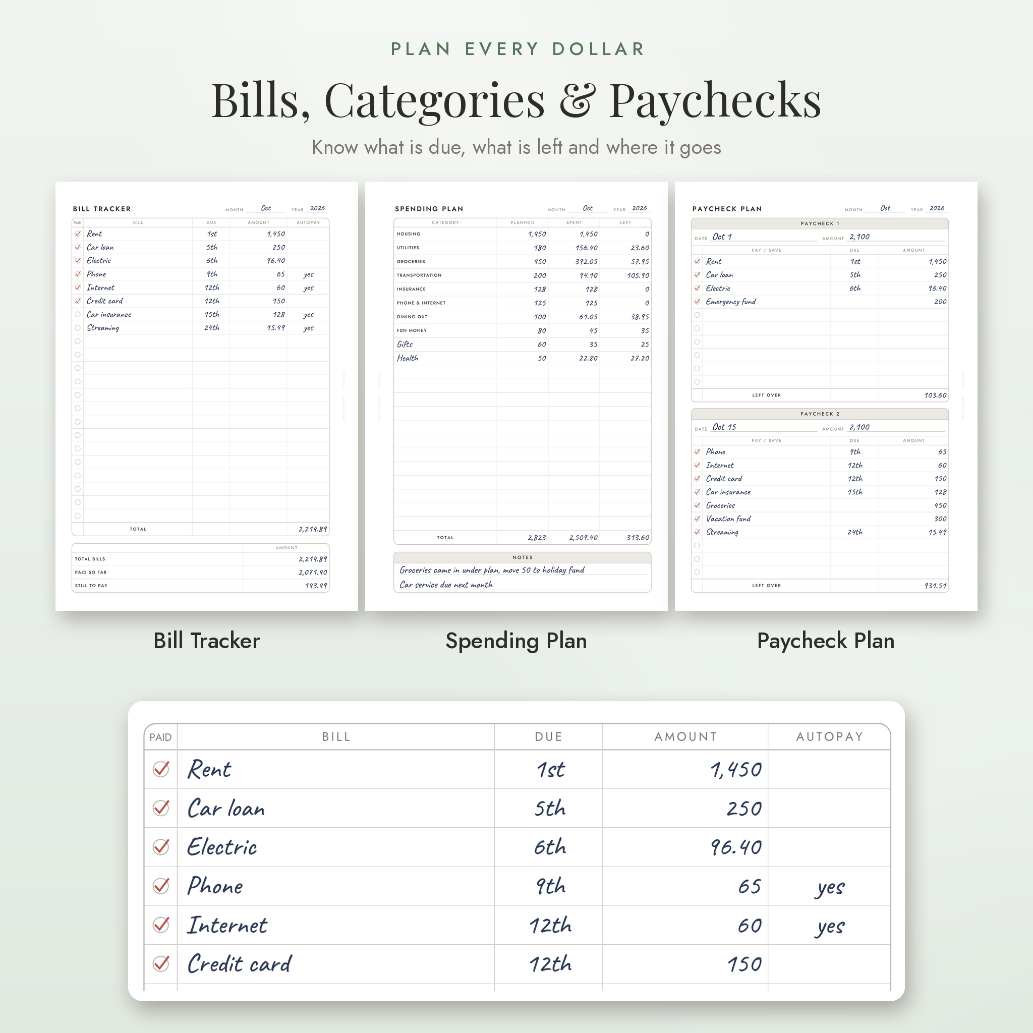 Bill tracker, spending plan and paycheck plan printable pages