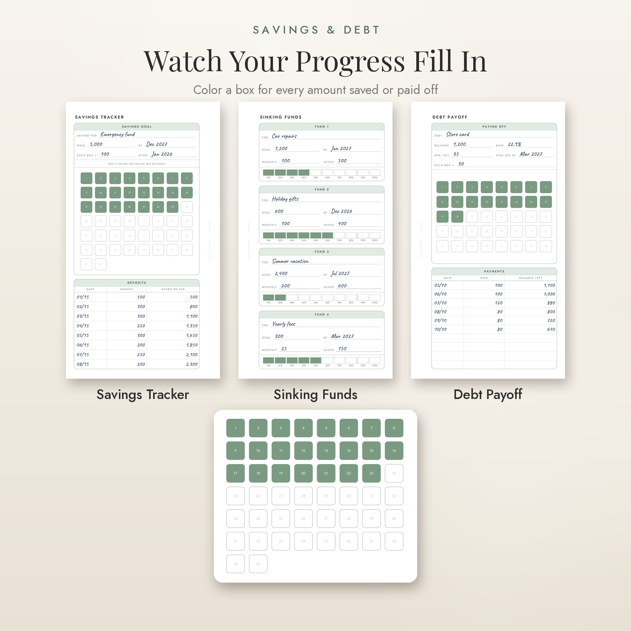 Savings tracker, sinking funds and debt payoff pages with color-in progress boxes