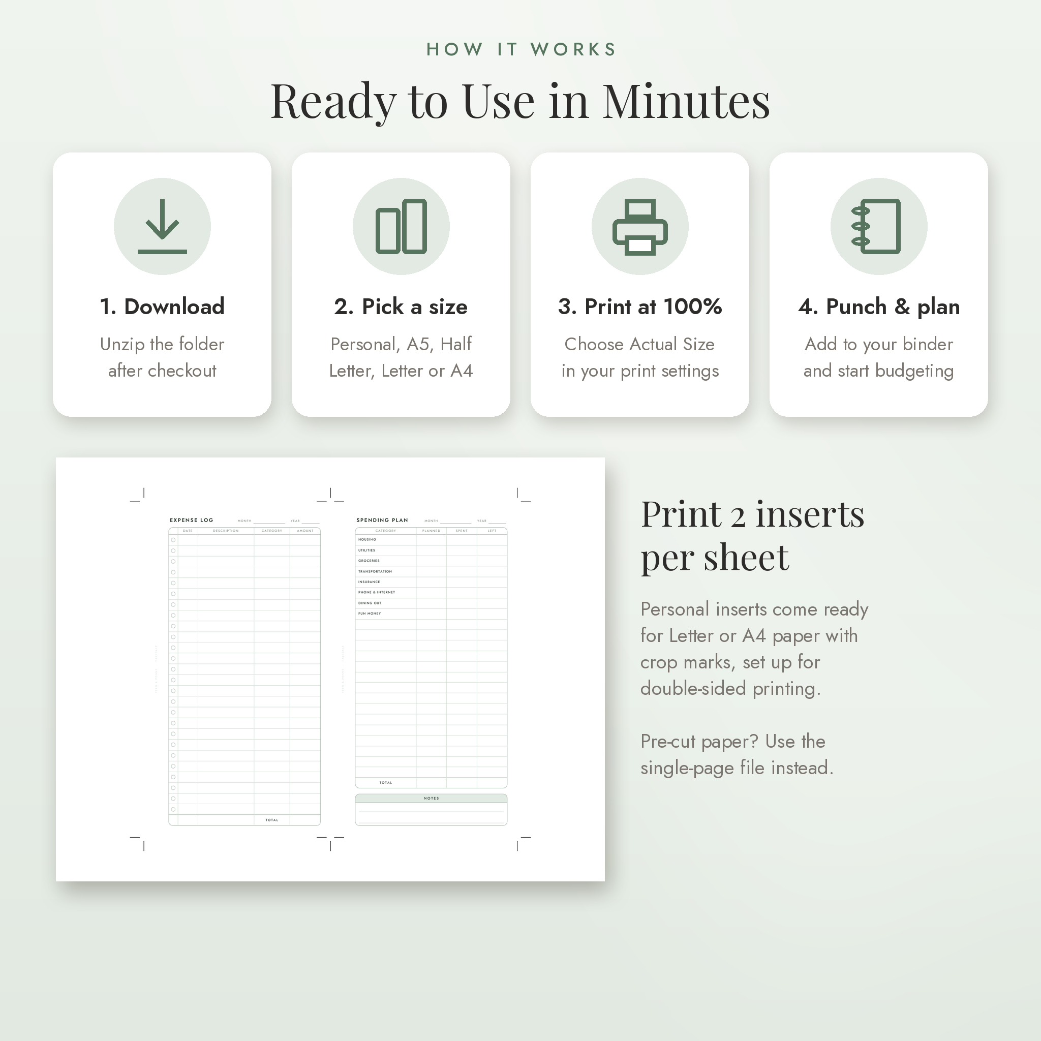 How to print the budget planner inserts, two per Letter or A4 sheet with crop marks