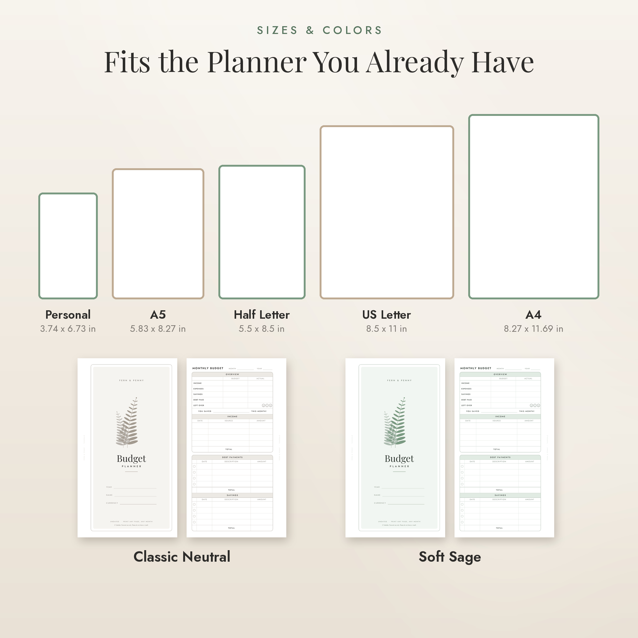 Budget planner sizes Personal, A5, Half Letter, US Letter and A4 in Classic and Sage colorways