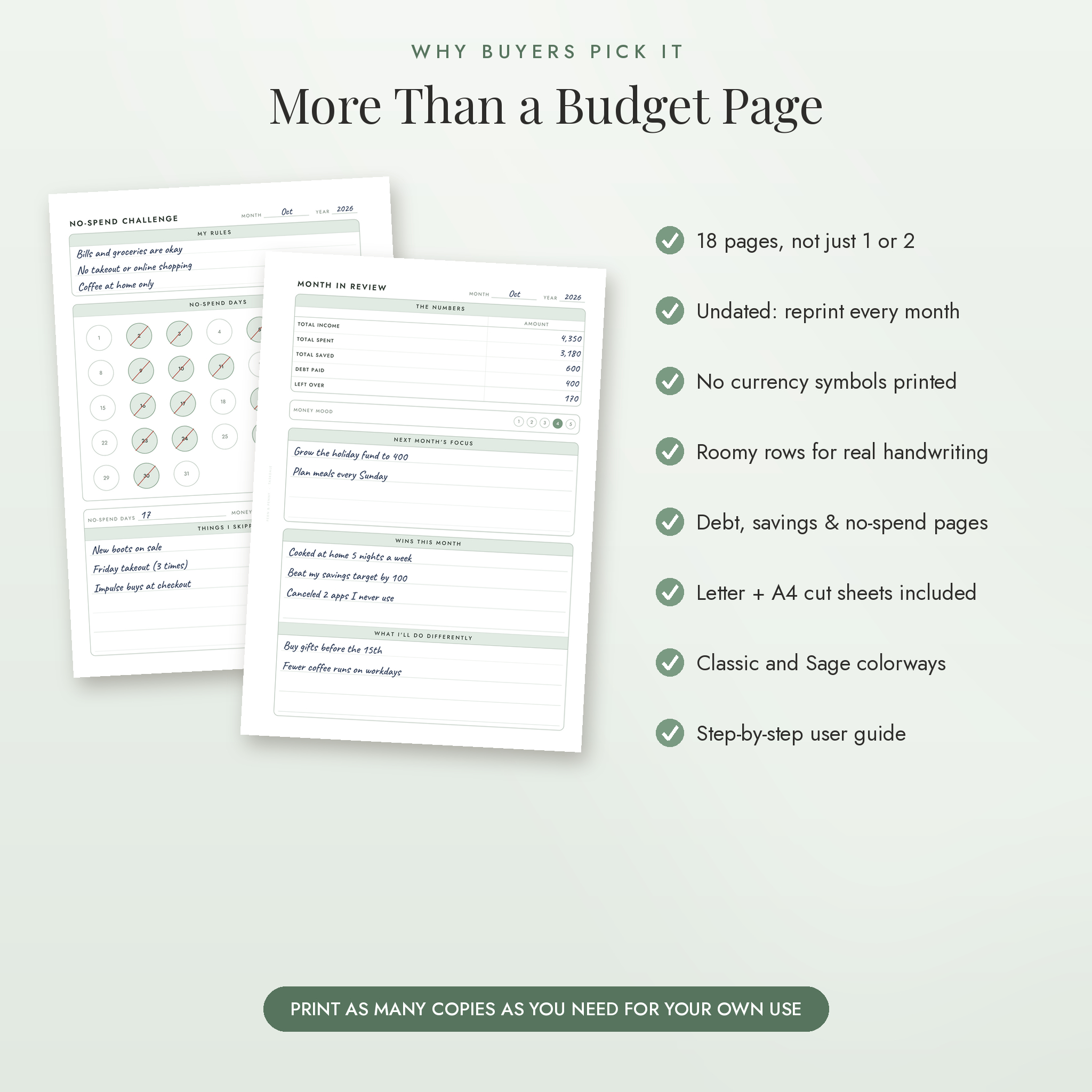 No-spend challenge and month in review pages with list of planner features