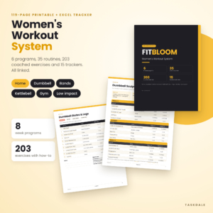 FitBloom women's workout system printable bundle with programs, routines and trackers