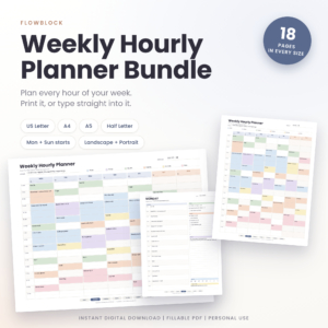 FlowBlock Weekly Hourly Planner | Printable & Fillable PDF Time Block Schedule, Daily Pages, Habit Tracker, Letter A4 A5 Half Letter