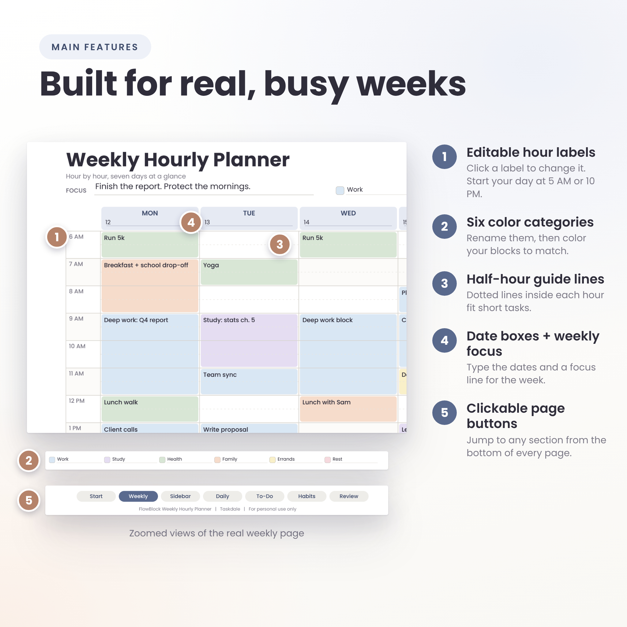 FlowBlock Weekly Hourly Planner | Printable & Fillable PDF Time Block Schedule, Daily Pages, Habit Tracker, Letter A4 A5 Half Letter - Image 2