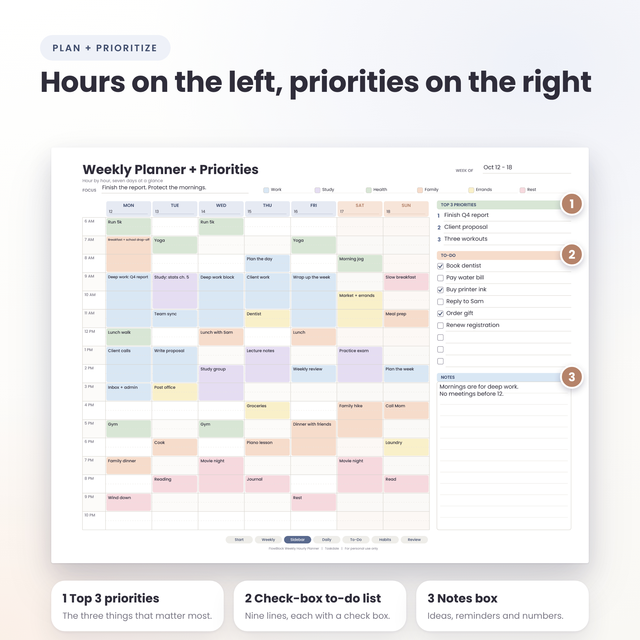 FlowBlock Weekly Hourly Planner | Printable & Fillable PDF Time Block Schedule, Daily Pages, Habit Tracker, Letter A4 A5 Half Letter - Image 5