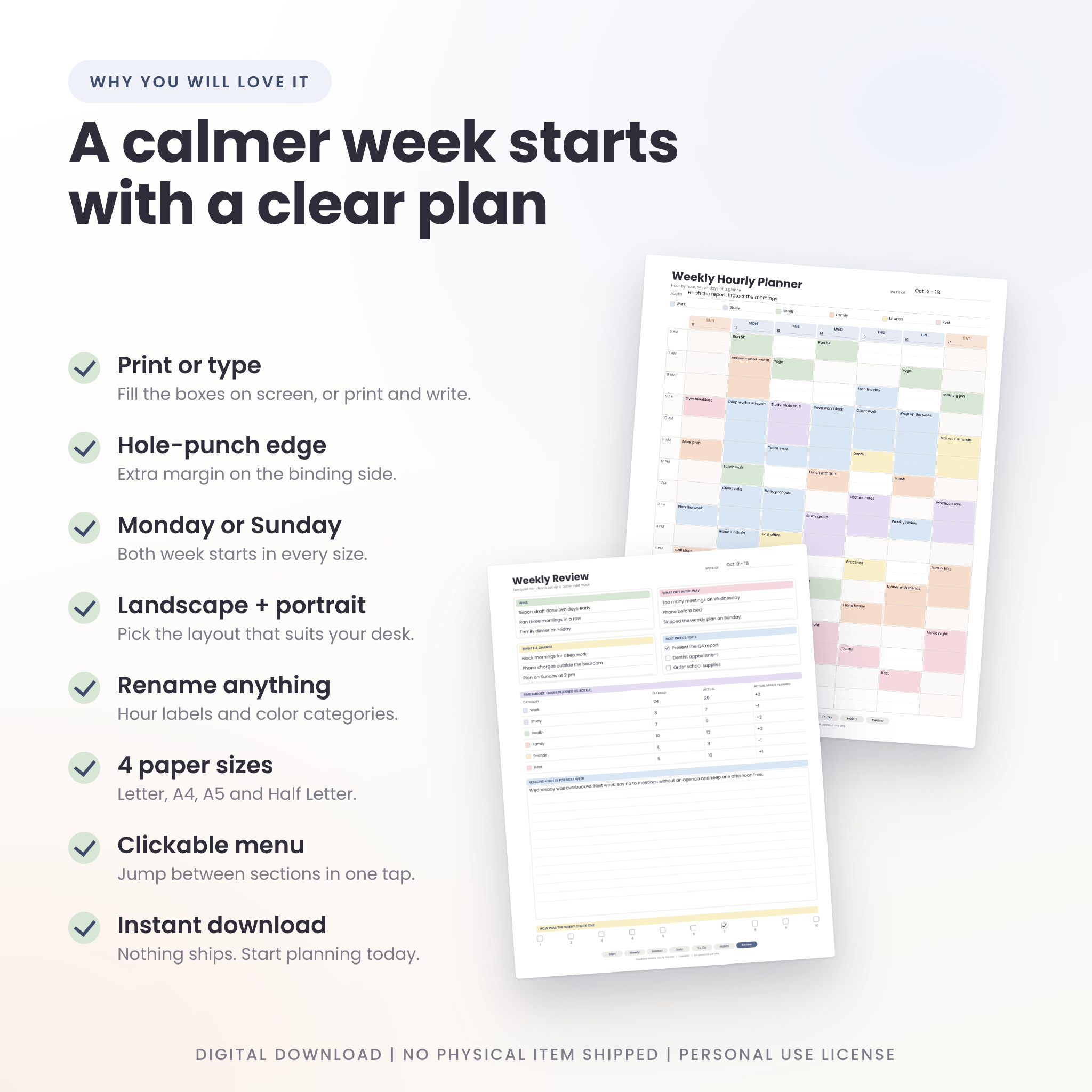 FlowBlock Weekly Hourly Planner | Printable & Fillable PDF Time Block Schedule, Daily Pages, Habit Tracker, Letter A4 A5 Half Letter - Image 8