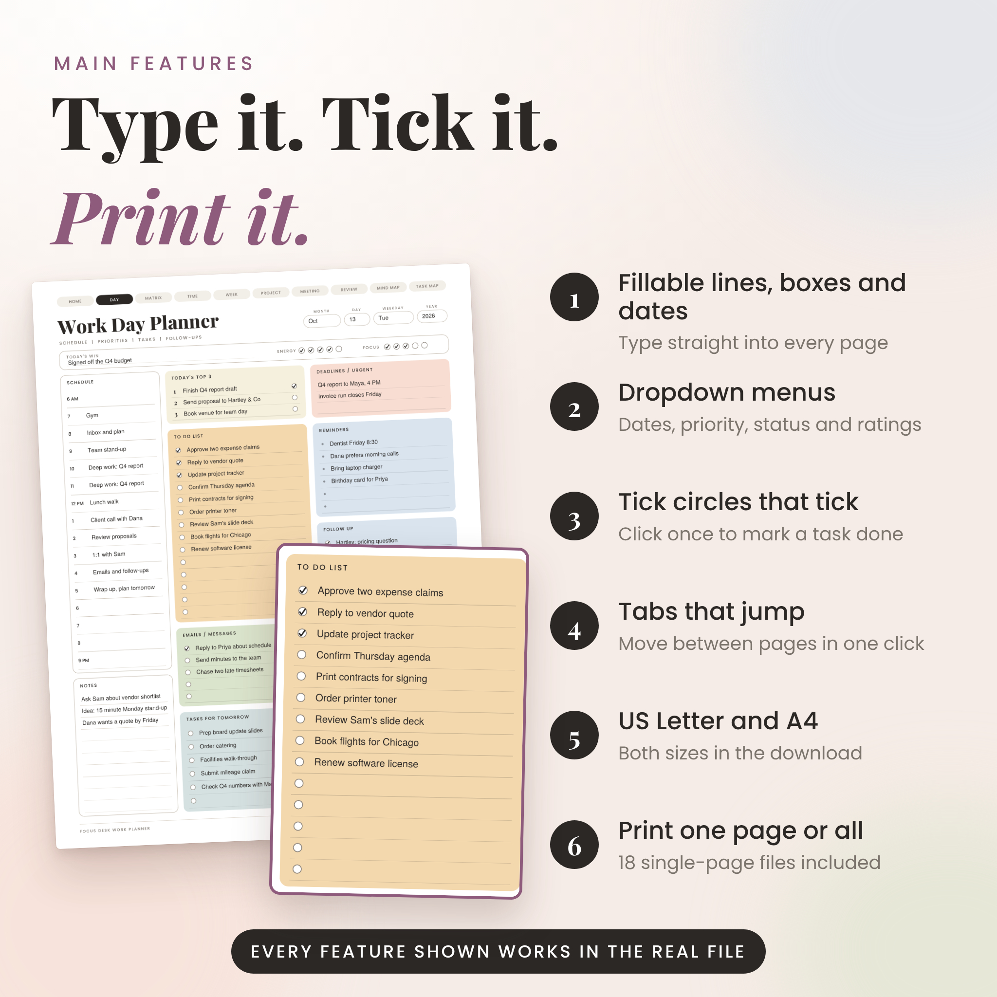 Main features of the Focus Desk fillable work planner: type it, tick it, print it