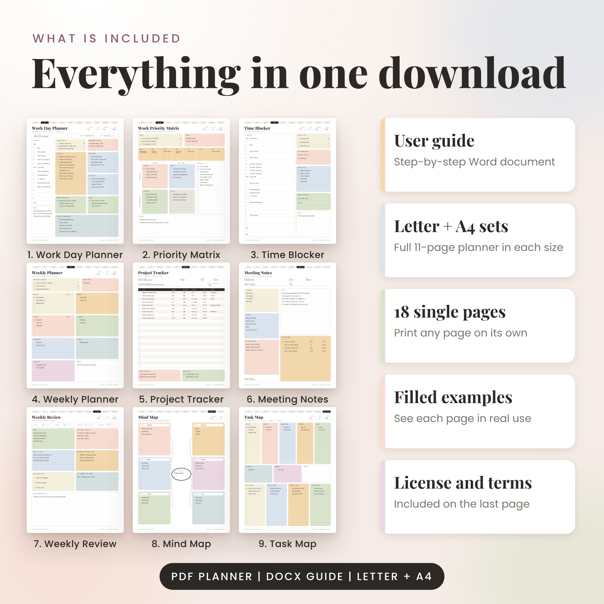 What is included in the Focus Desk work planner kit: nine pages, two paper sizes, 18 single pages and a user guide