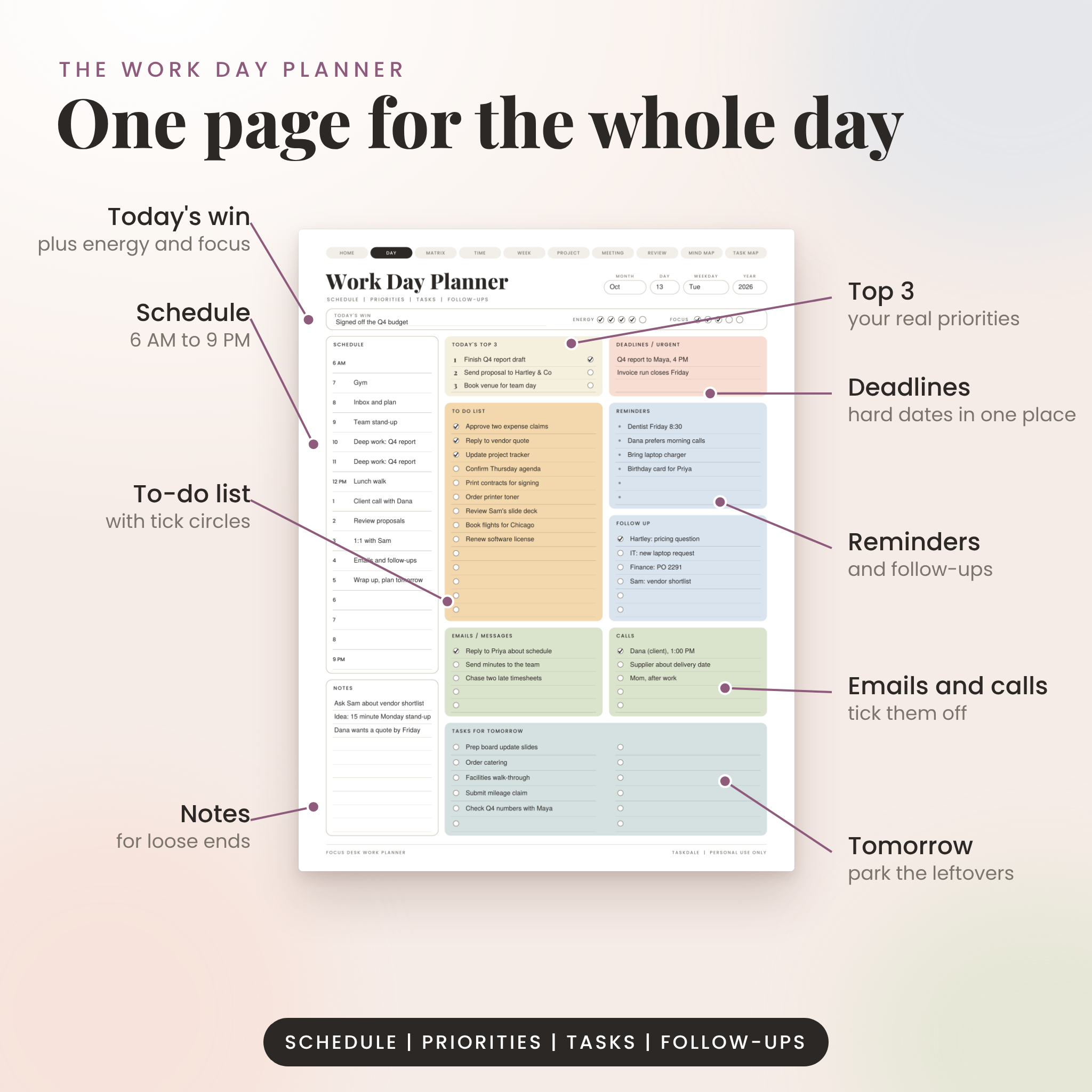 Work Day Planner page with top 3, hourly schedule and to-do list filled in