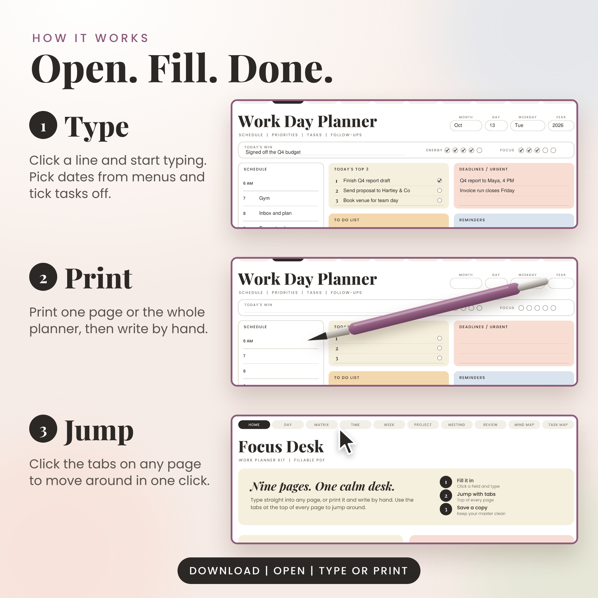 How it works: open the PDF, fill it in, save a copy or print it