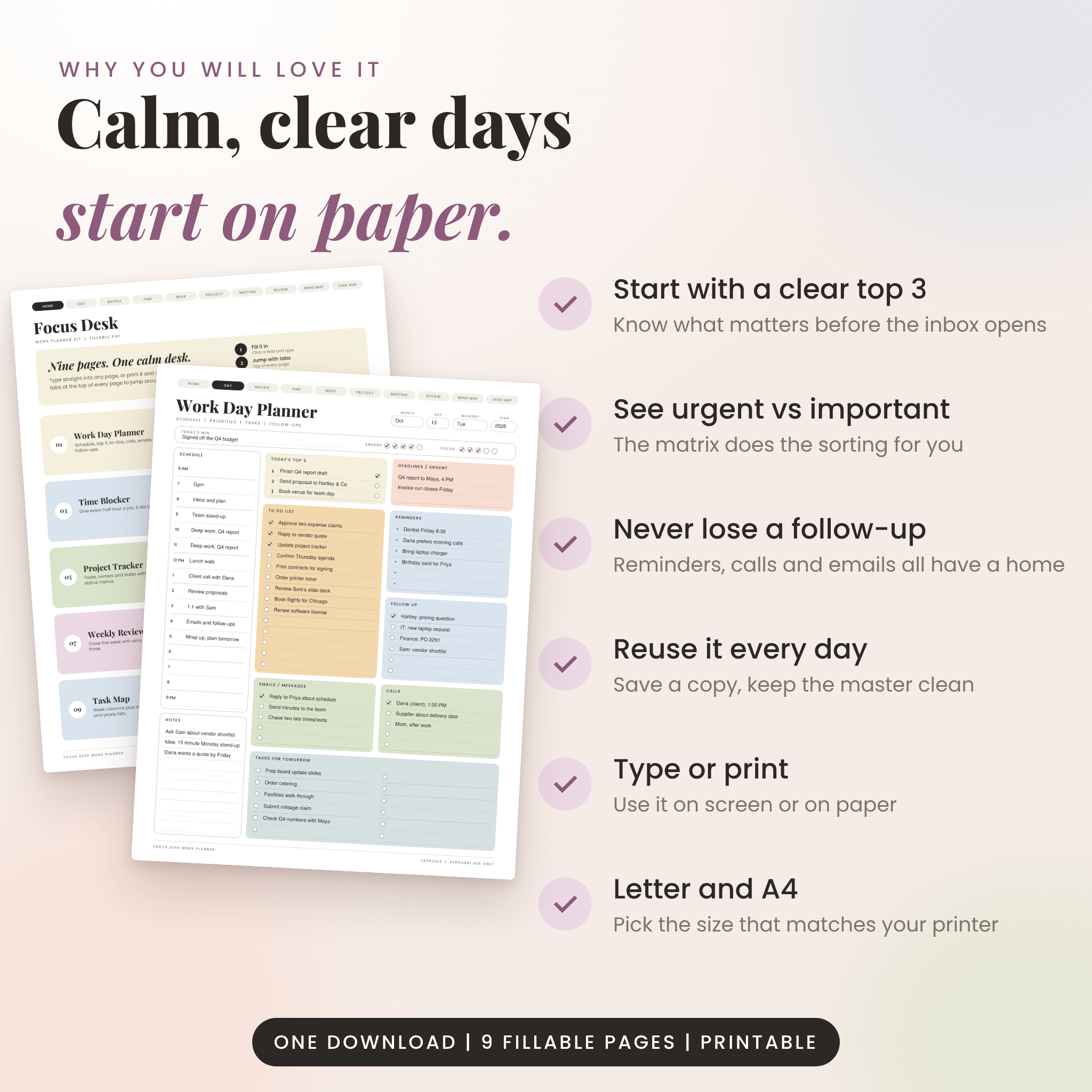 Benefits of the Focus Desk work planner: calmer days, clearer priorities