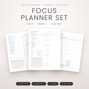 Focus Planner Set: Printable Daily, Weekly & Monthly Planner (Fillable PDF, Letter, A4, A5, Half Letter)