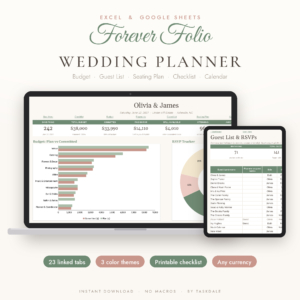 Forever Folio wedding planner spreadsheet on laptop and tablet