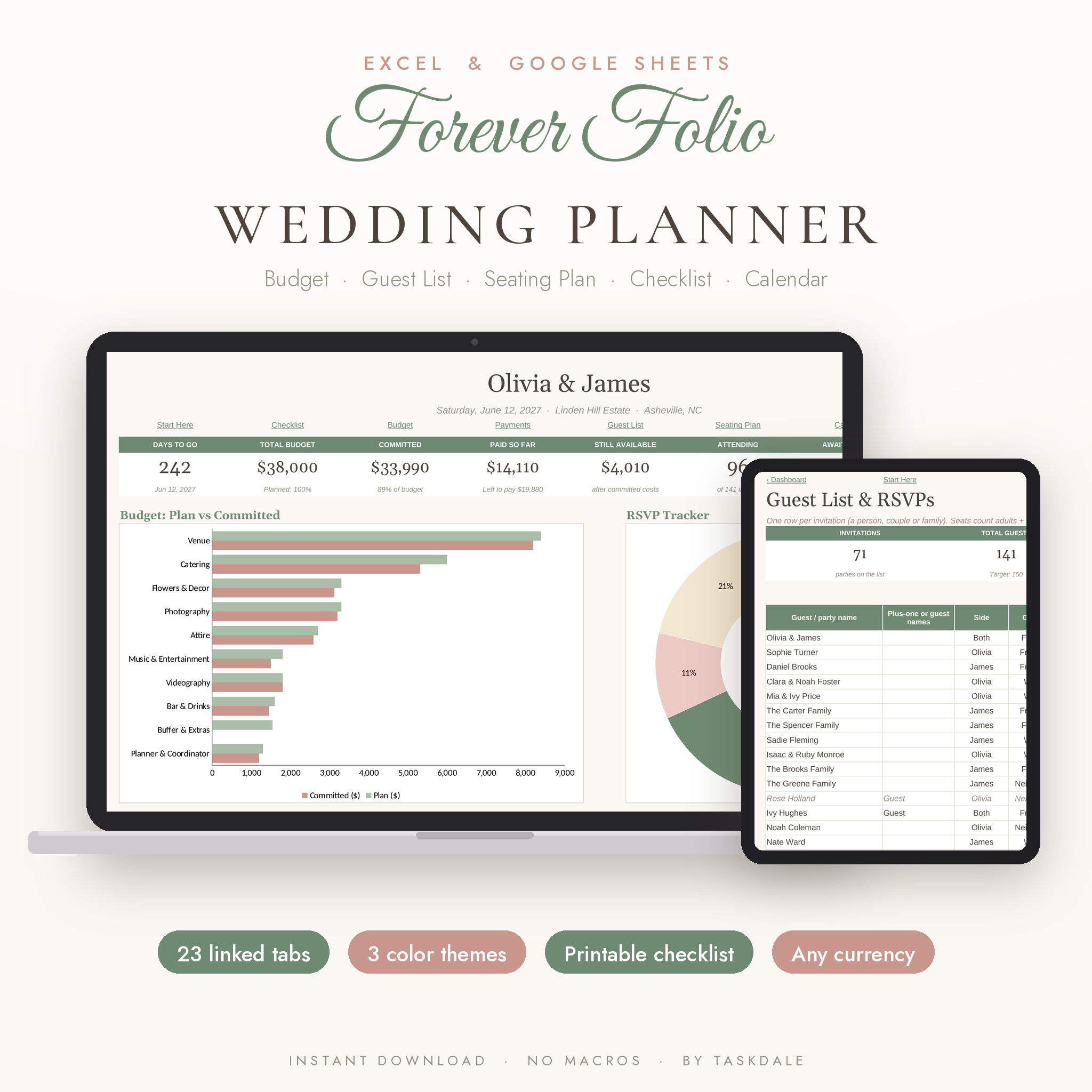 Forever Folio wedding planner spreadsheet on laptop and tablet