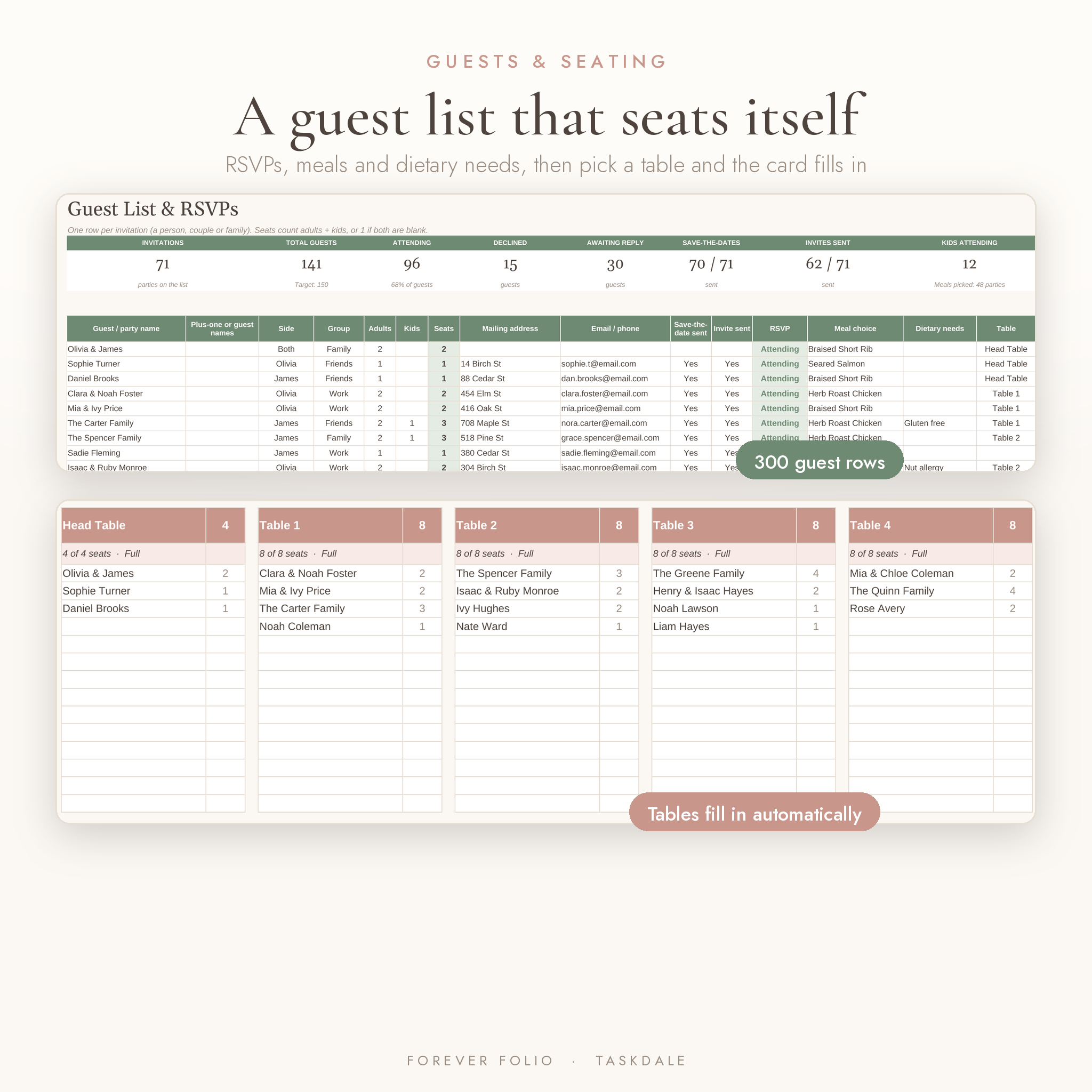 Wedding guest list and automatic seating chart