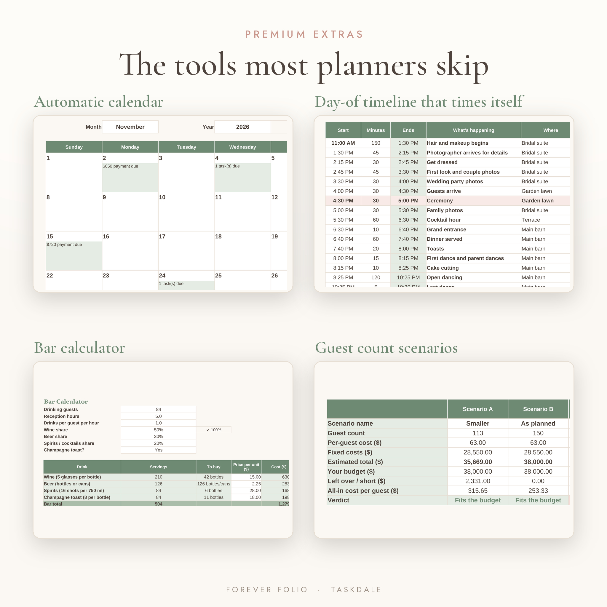 Wedding calendar, day-of timeline, bar calculator and guest scenarios