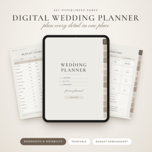 Digital wedding planner on an iPad with hyperlinked tabs, 207 pages