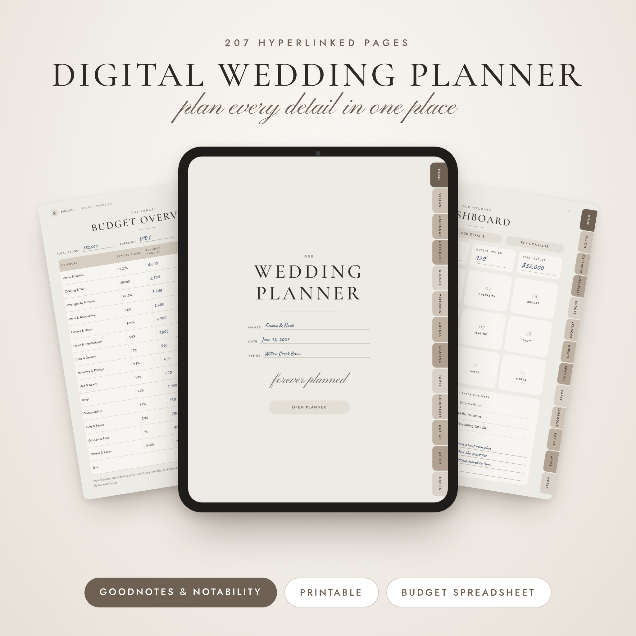 Digital wedding planner on an iPad with hyperlinked tabs, 207 pages