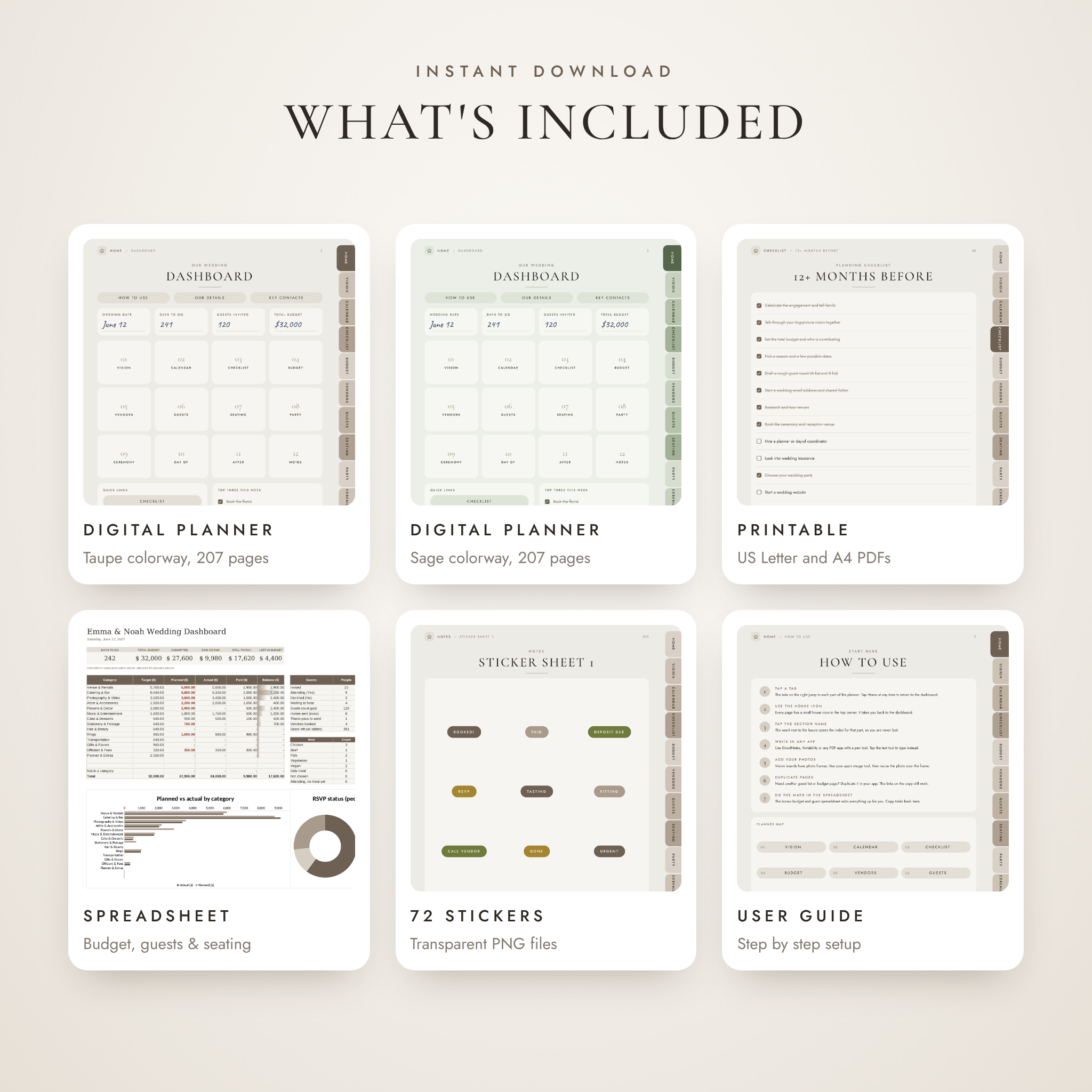 What's included: two digital wedding planners, printable PDFs, budget spreadsheet, stickers and guide