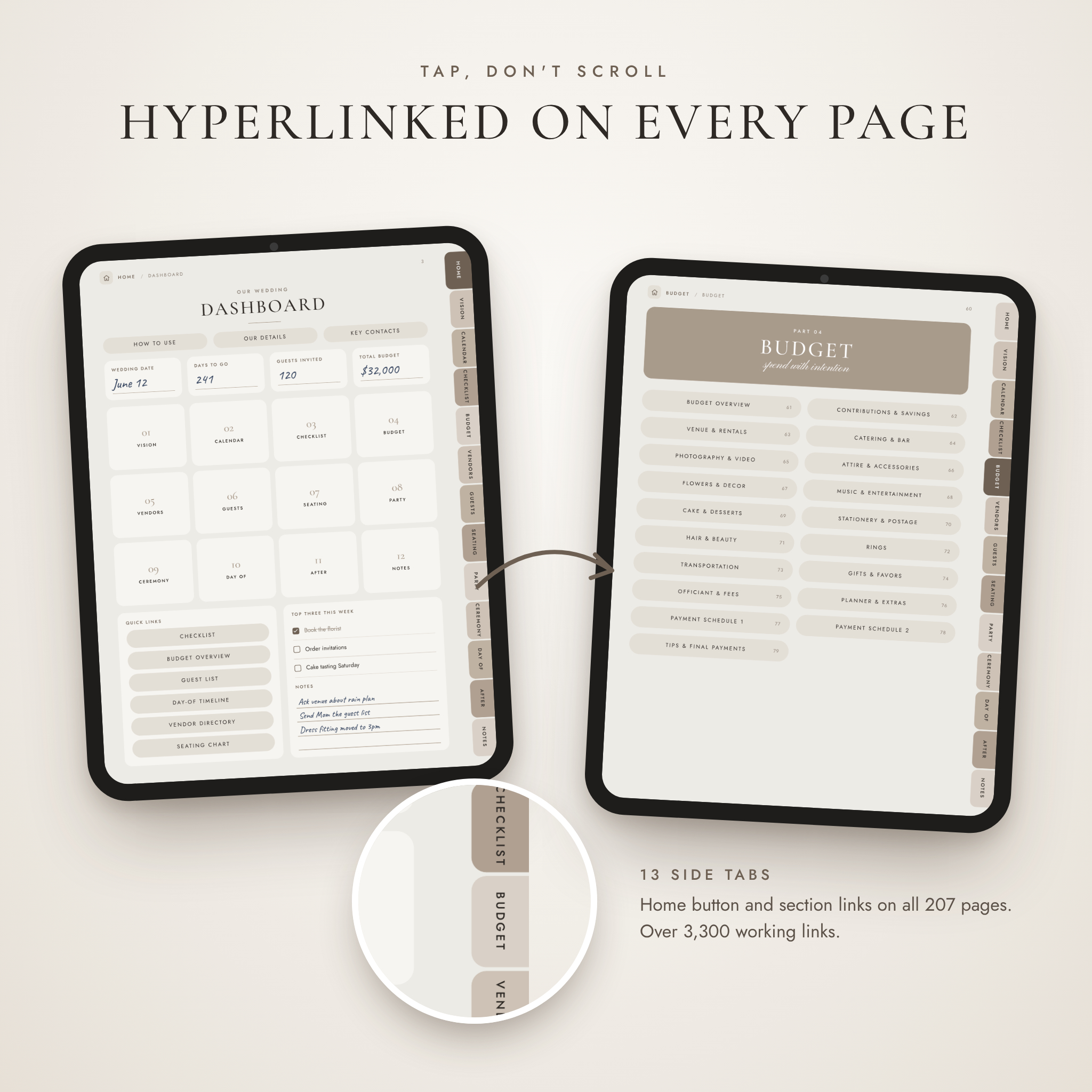 Hyperlinked wedding planner tabs and section pages for GoodNotes