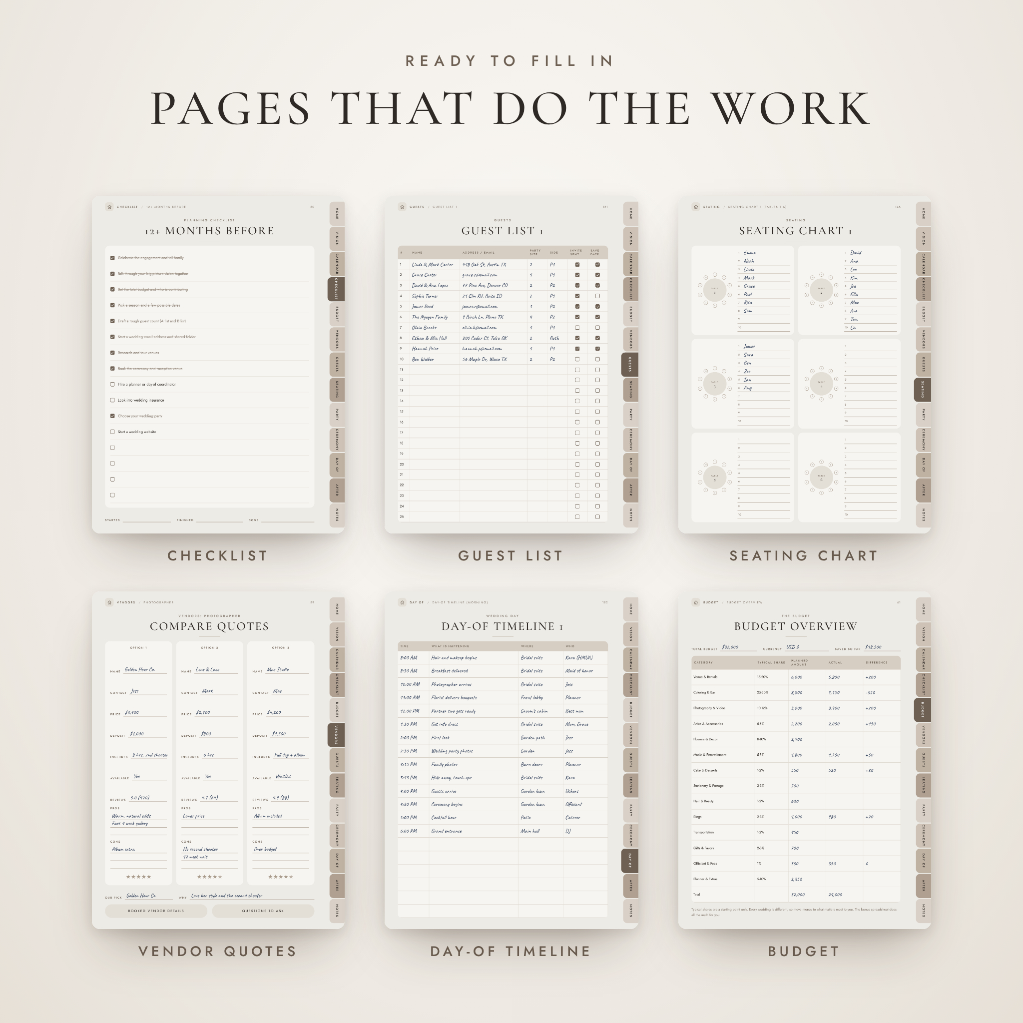 Wedding planner pages: checklist, guest list, seating chart, vendor quotes, timeline and budget