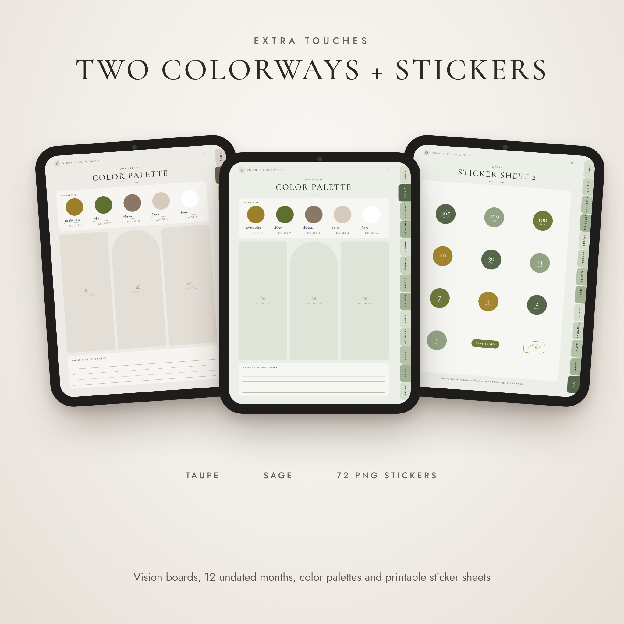 Taupe and sage wedding planner colorways with digital stickers