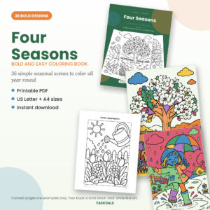 Four Seasons printable coloring book with 36 bold and easy designs