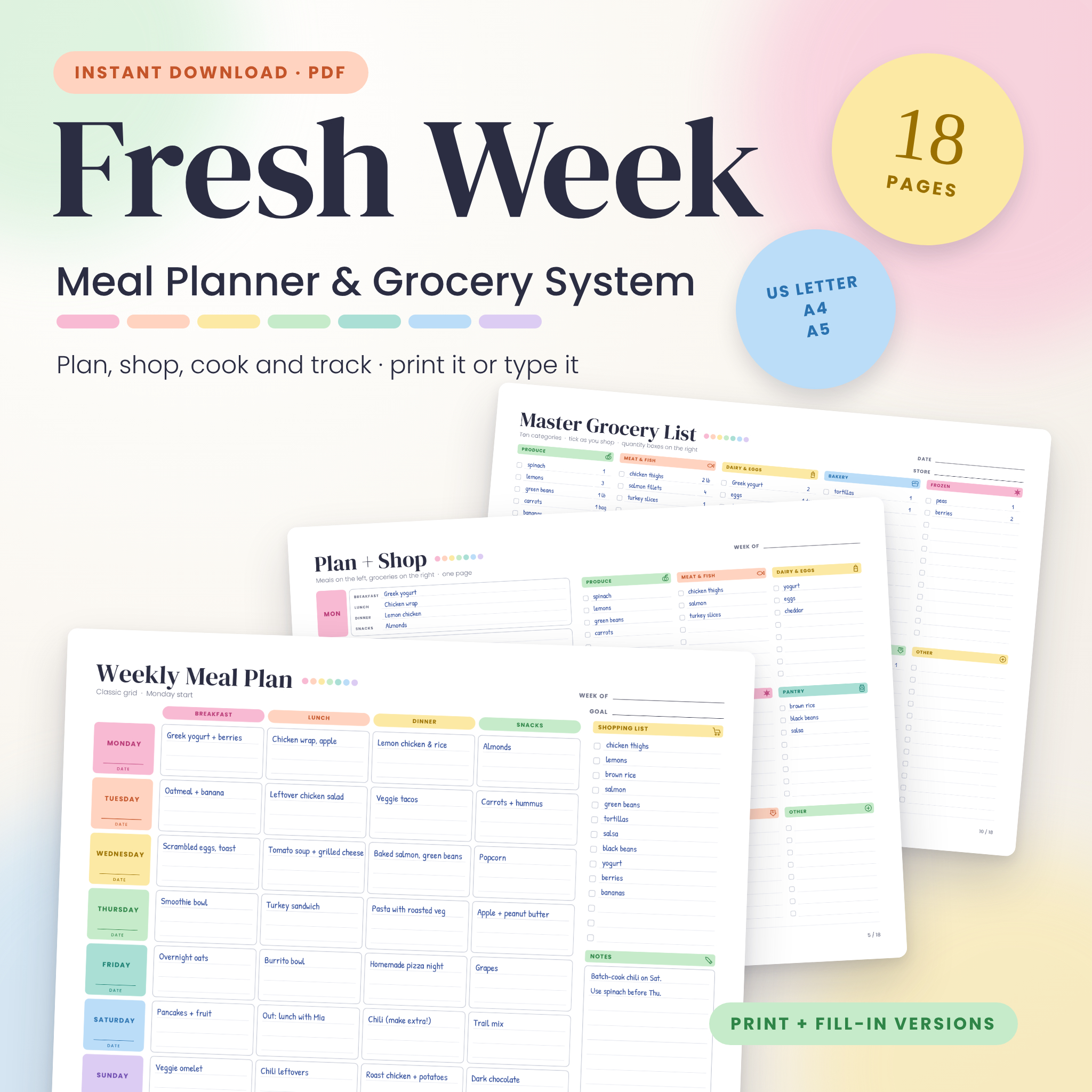 Fresh Week meal planner printable, 18 pages, US Letter, A4 and A5, print or fill-in