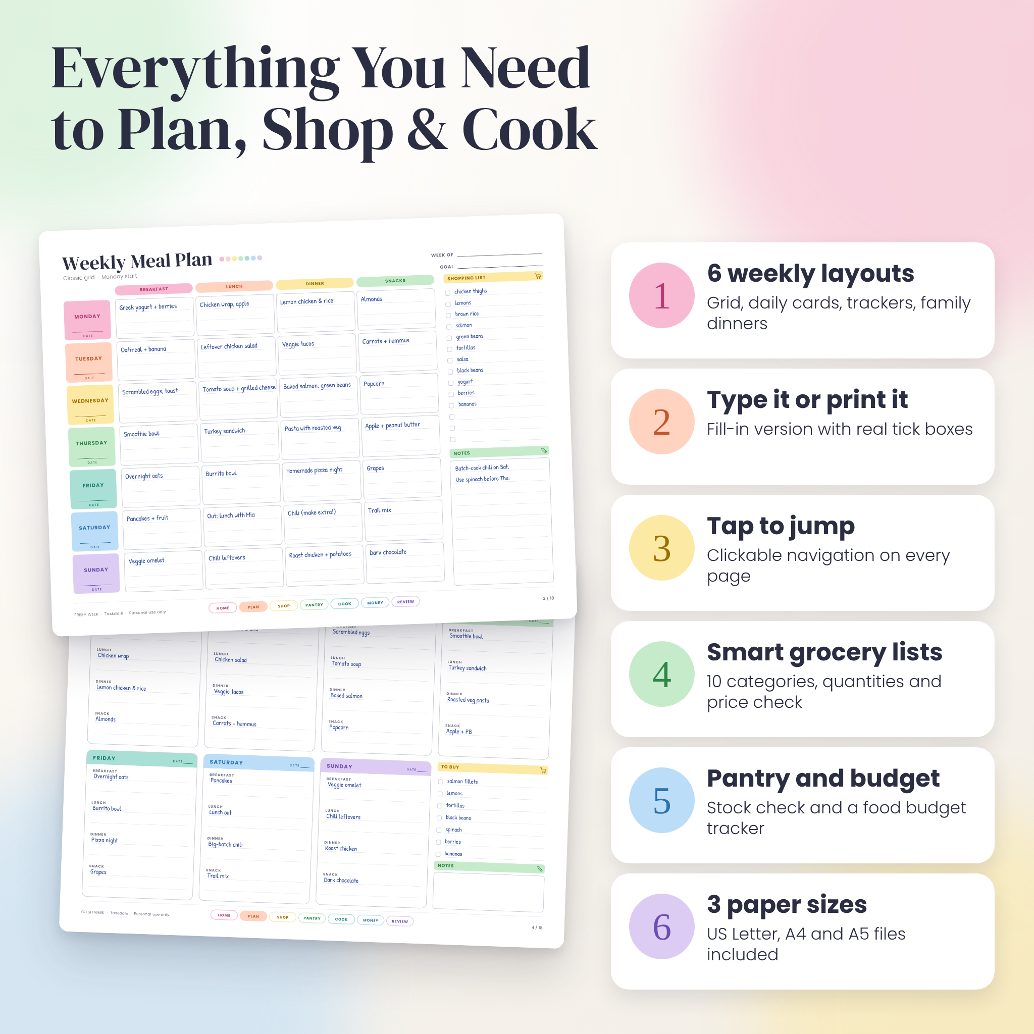 Weekly meal planner printable with six layouts, grocery lists and clickable navigation