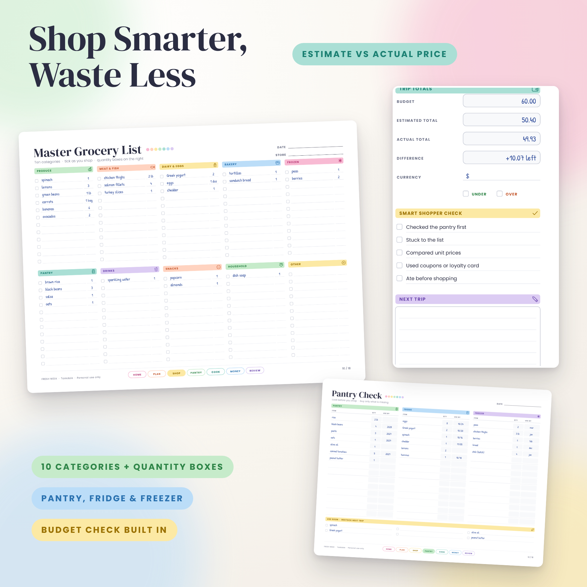 Grocery list printable with price check, pantry check and food budget tracker pages