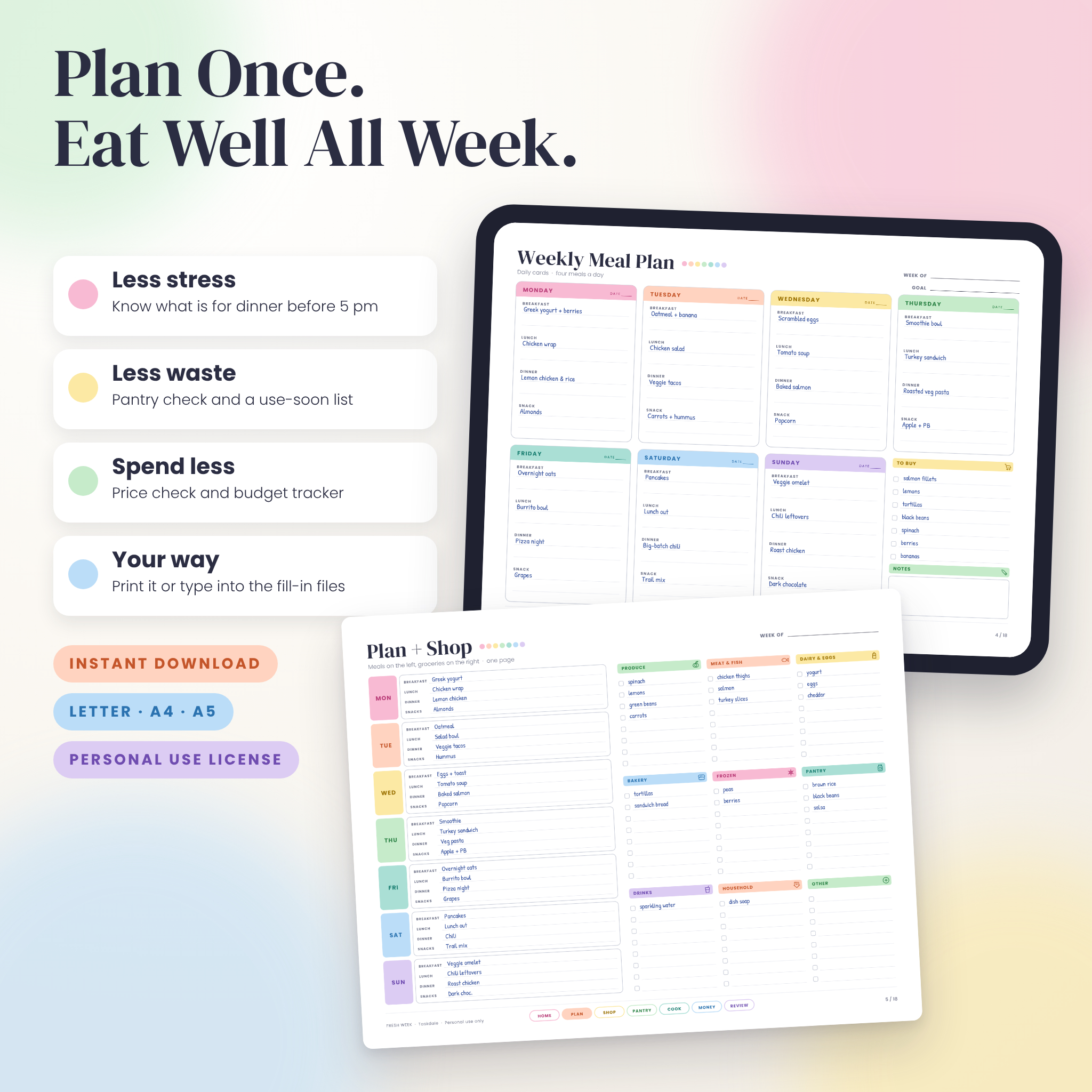 Plan once, eat well all week: meal planner printable shown on paper and on a tablet screen