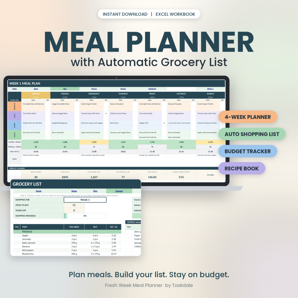 Fresh Week Meal Planner Excel workbook with automatic grocery list