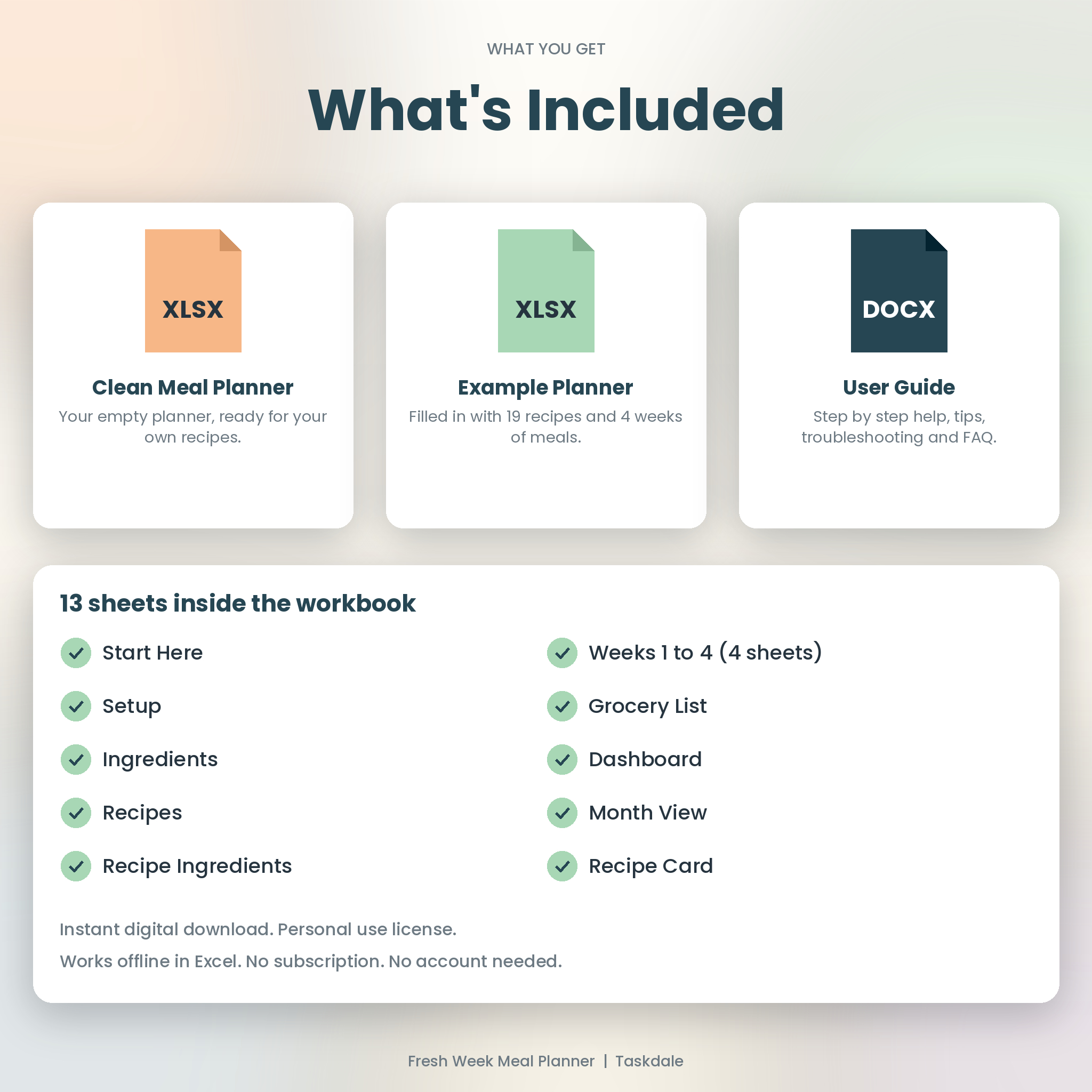 Files included: clean workbook, example workbook and user guide